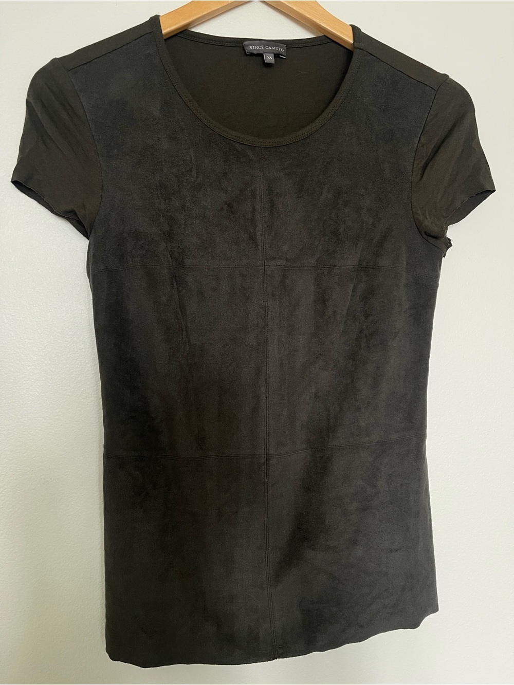 Vince Camuto Dark Olive Green Suede-Look Short Sleeve Tee